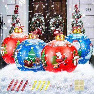 4PCS PVC Inflatable Christmas Balls with 4 Christmas Ribbon 24'', Red & Blue
